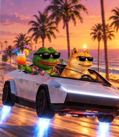 Pepe and Doge cruising the beach at sunset