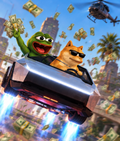 Pepe raining cash while Doge flies the roadster